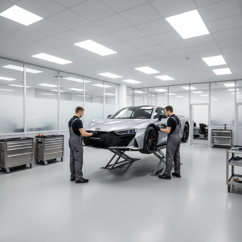 Modern automotive workshop with technicians aligning bodykit components