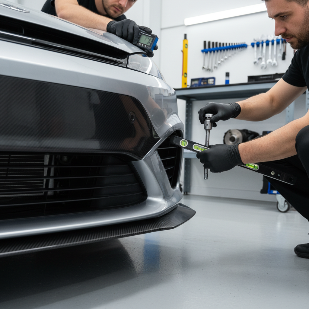 Technicians aligning a custom front bumper