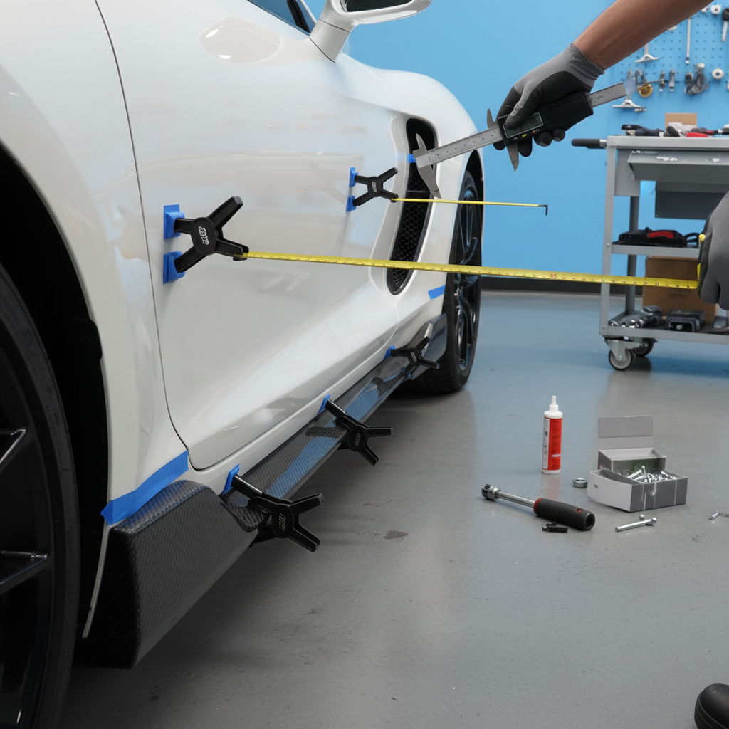 Side skirt installation with measuring tools